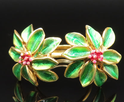 925 Sterling Silver Vintage Gold Plated Double Enamel Flower Ring Sz 7.5 RG25431