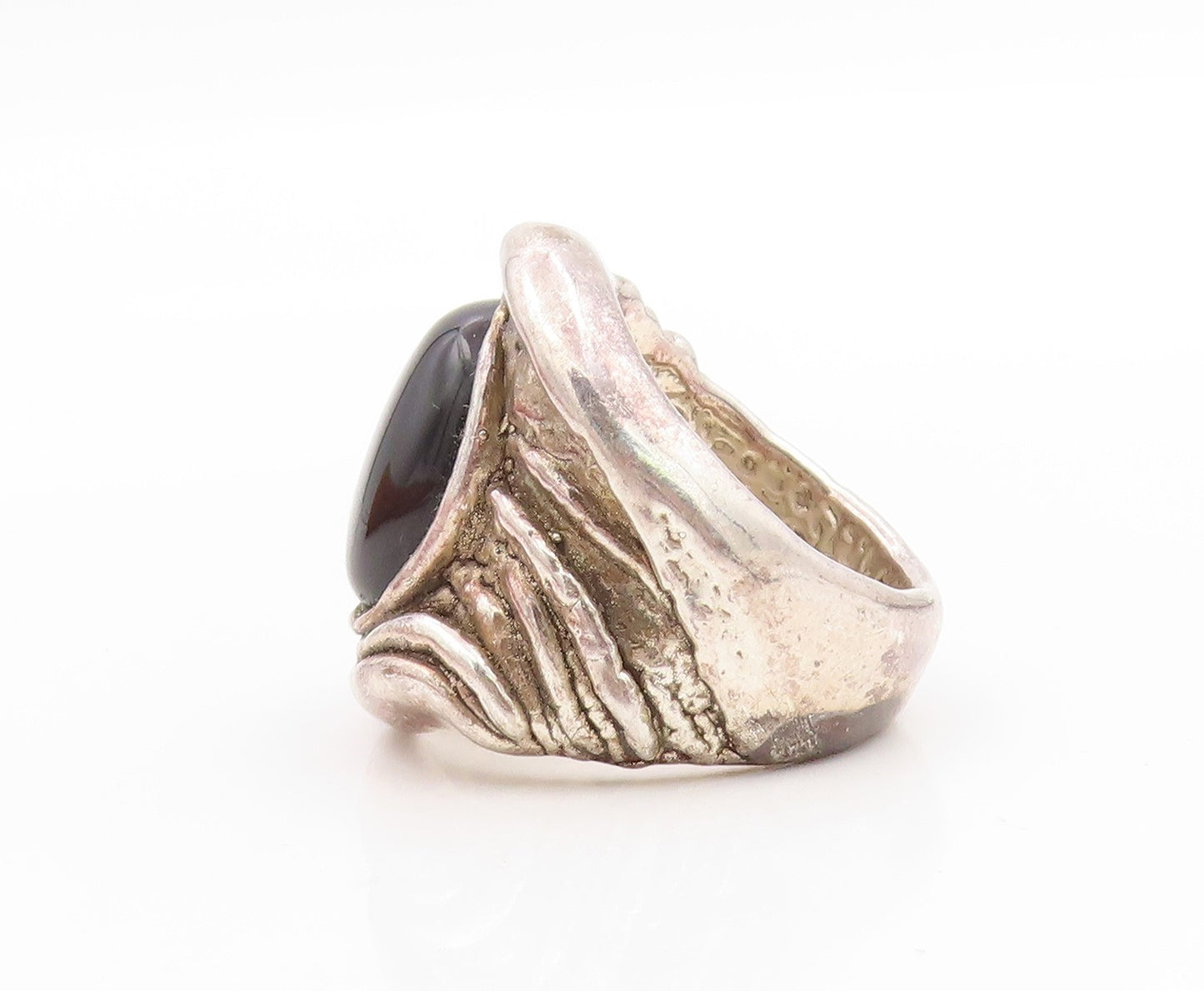 925 Sterling Silver Vintage Ring ISRAEL Oval Onyx Brutalist Band  Sz 10  RG34115