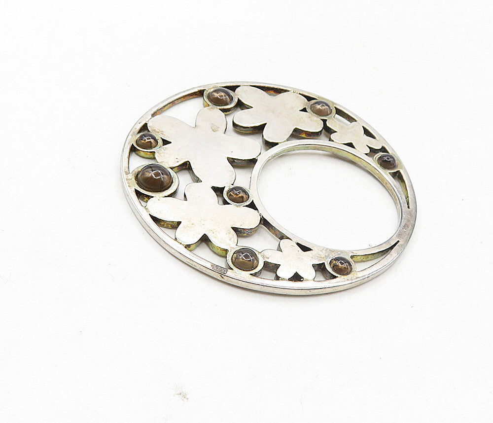 ELLE 925 Sterling Silver  Vintage Smoky Topaz Smooth Floral Pendant  PT7011