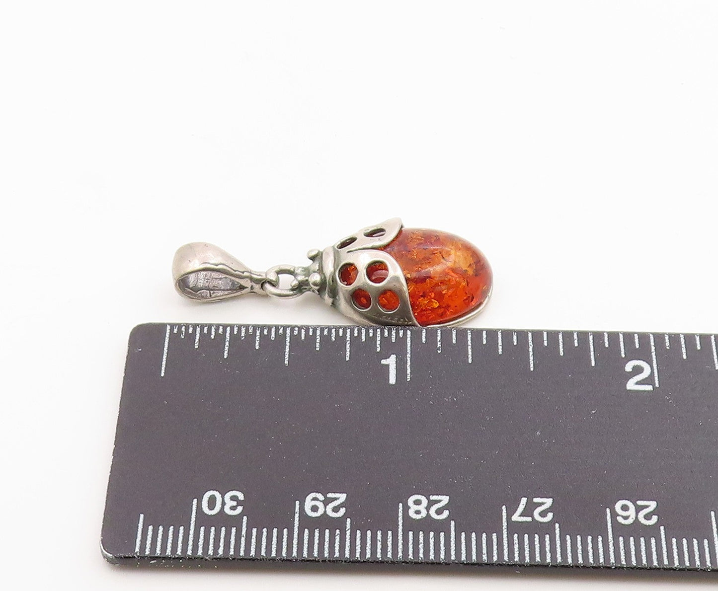 925 Sterling Silver Vintage Pendant Cabochon Honey Amber Ladybird Charm  PT26254