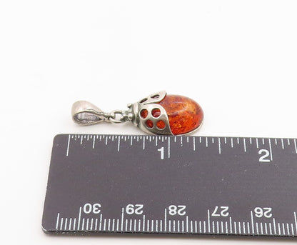 925 Sterling Silver Vintage Pendant Cabochon Honey Amber Ladybird Charm  PT26254