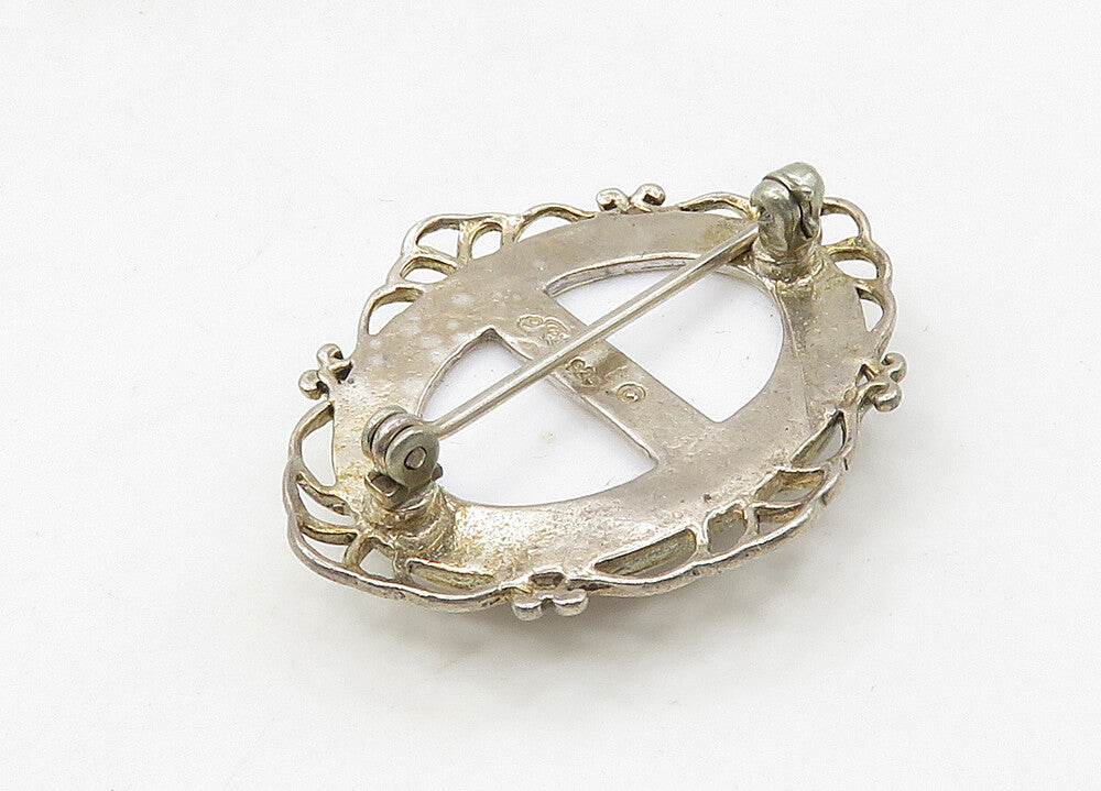JEZ 925 Sterling Silver  Vintage Enamel Rose Flower Oval Brooch Pin  BP8437