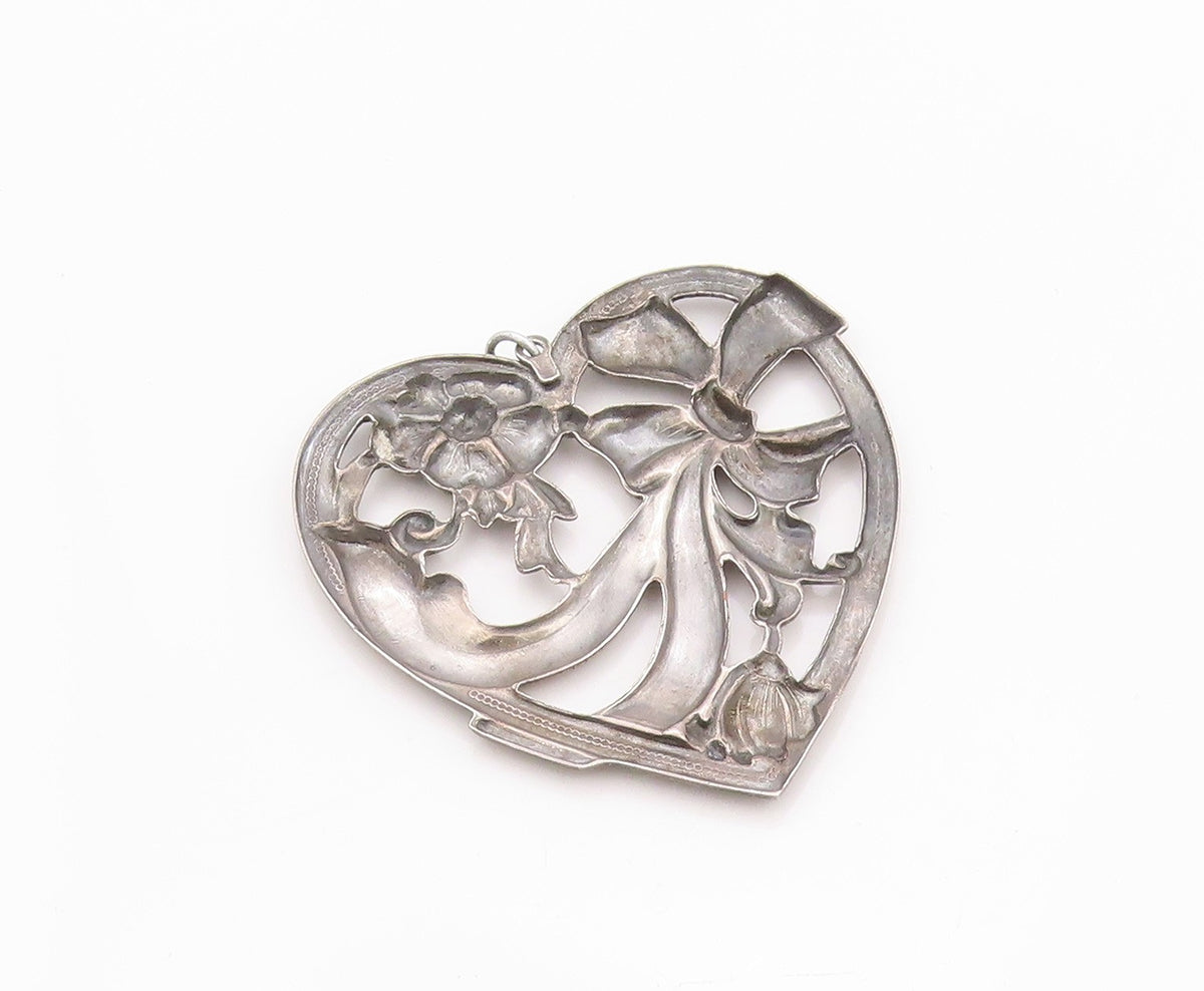 925 Sterling Silver Vintage Pendant Dark Tone Floral Love Heart Cutout  PT24025