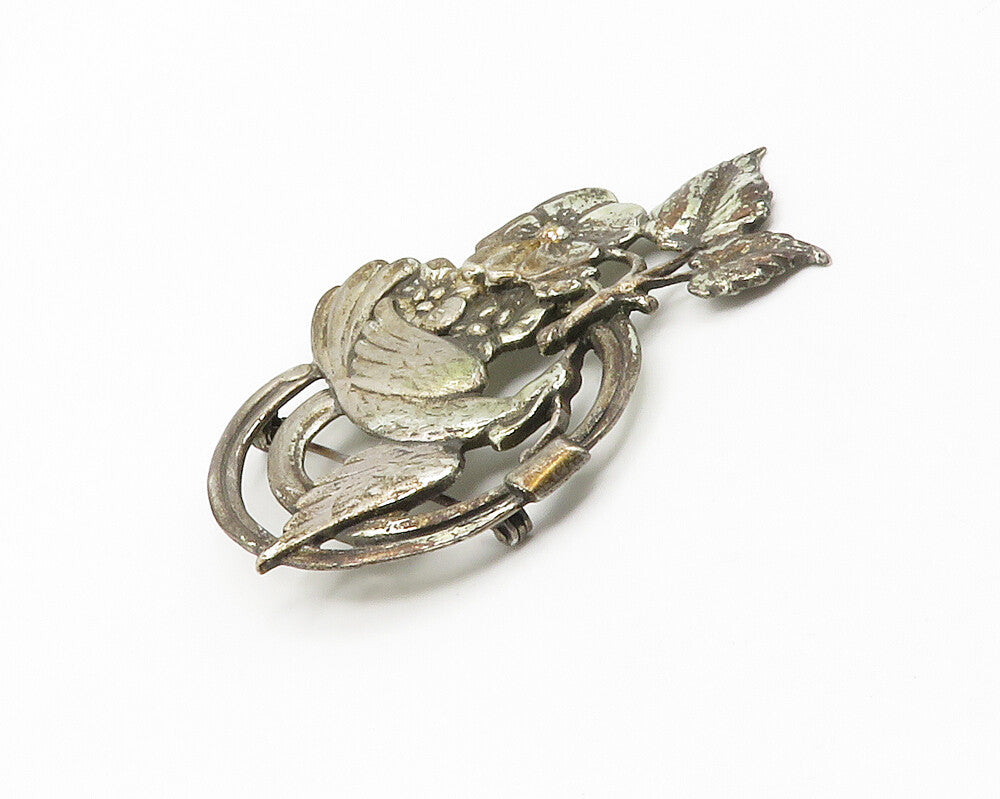 925 Sterling Silver  Vintage Dark Tone Bird Floral Vine Brooch Pin  BP5723