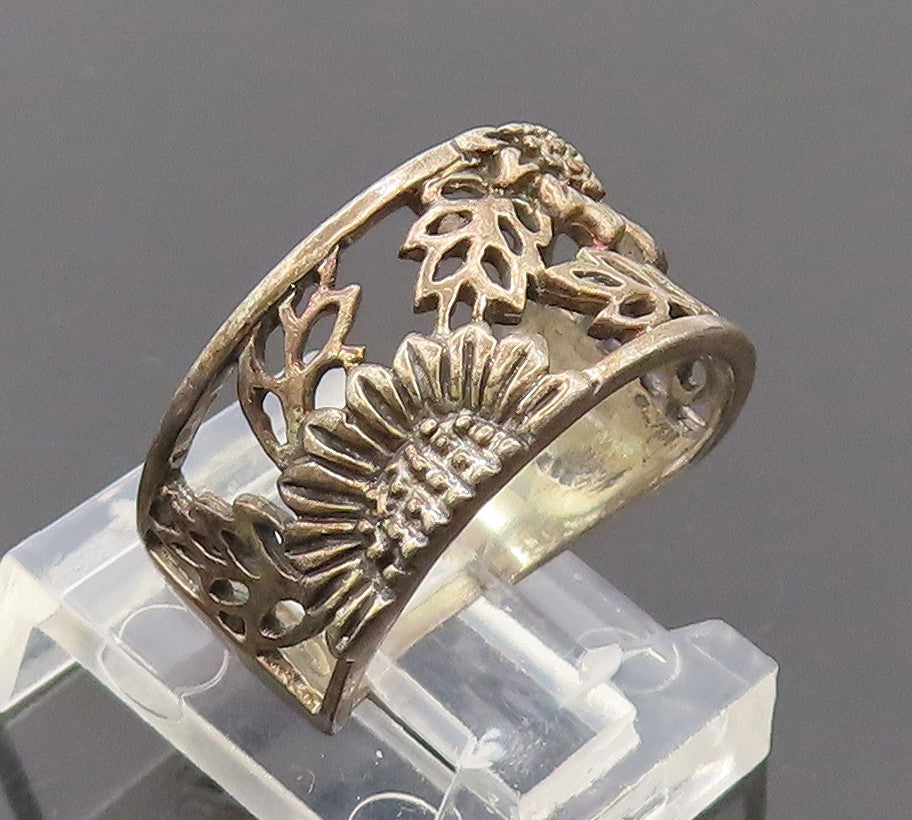 925 Sterling Silver Vintage Ring Detailed Carved Sunflower Sz 5.5  RG27685