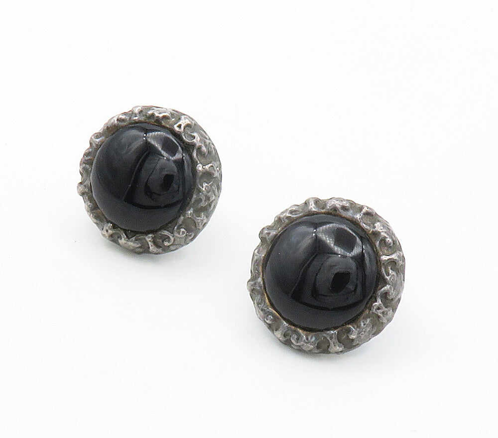 ISRAEL 925 Silver  Vintage Cabochon Black Onyx Non Pierce Earrings  EG7704