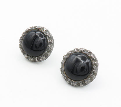 ISRAEL 925 Silver  Vintage Cabochon Black Onyx Non Pierce Earrings  EG7704