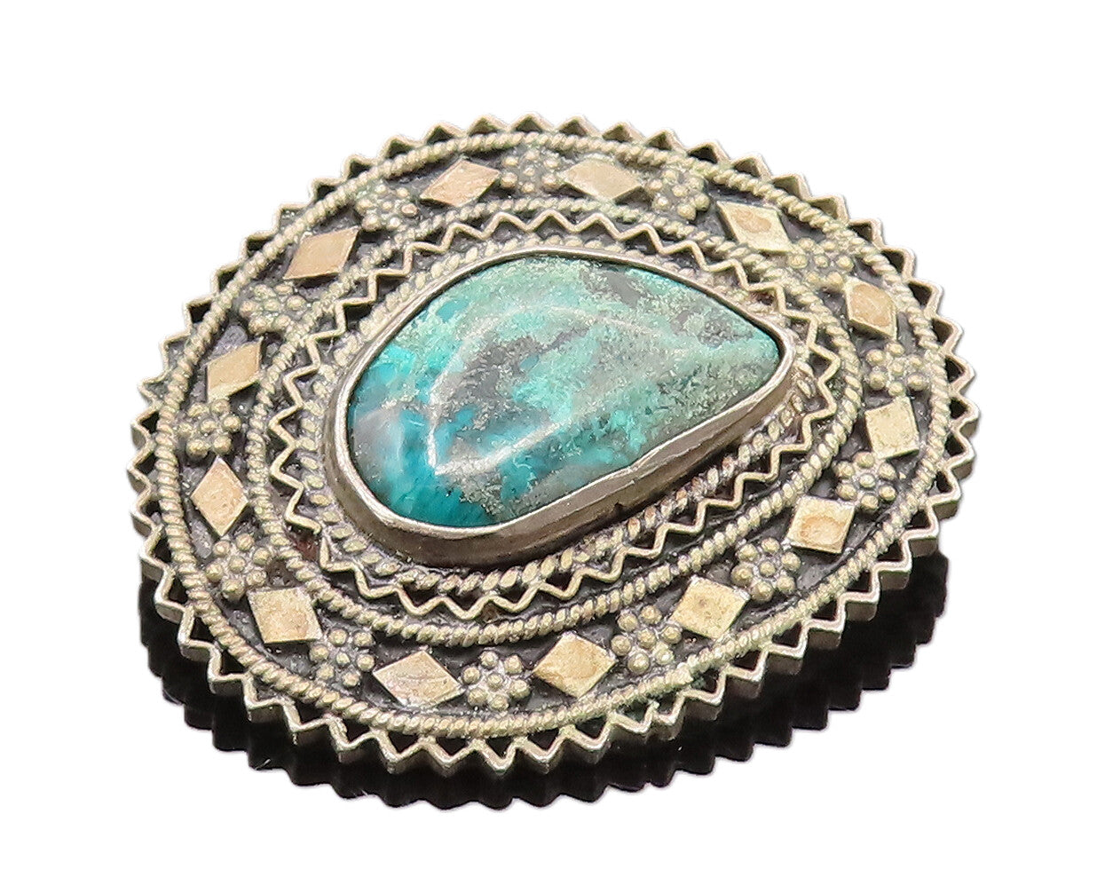 ISRAEL 925 Sterling Silver Vintage Wavy Floral Chrysocolla Brooch Pin BP10134