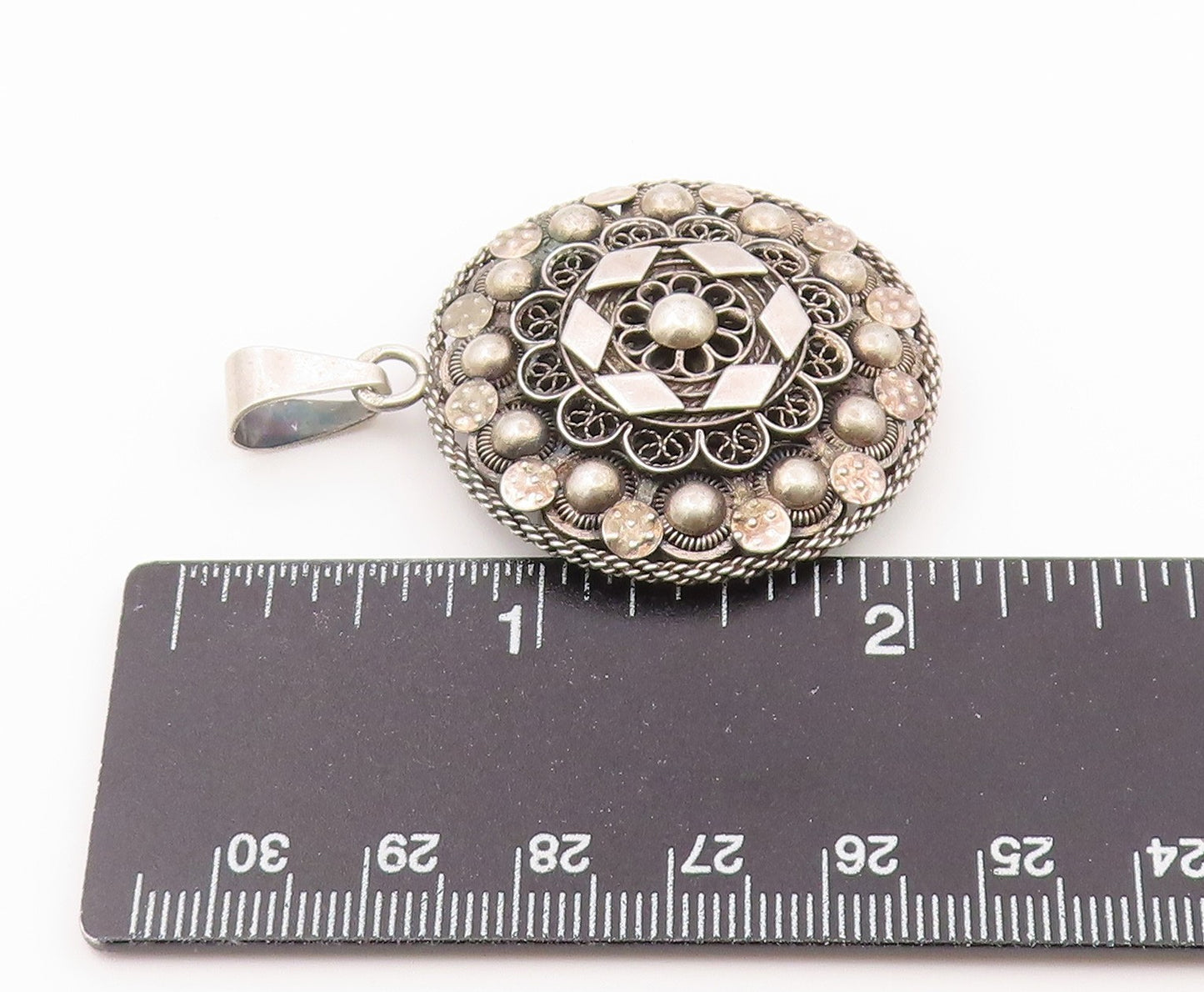 925 Sterling Silver Vintage Pendant Intricate Filigree Geometric Medal  PT26462