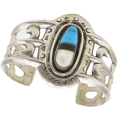 DH ZUNI NAVAJO 925 Sterling Silver Vintage Mother Of Pearl Cuff Bracelet  BT7535