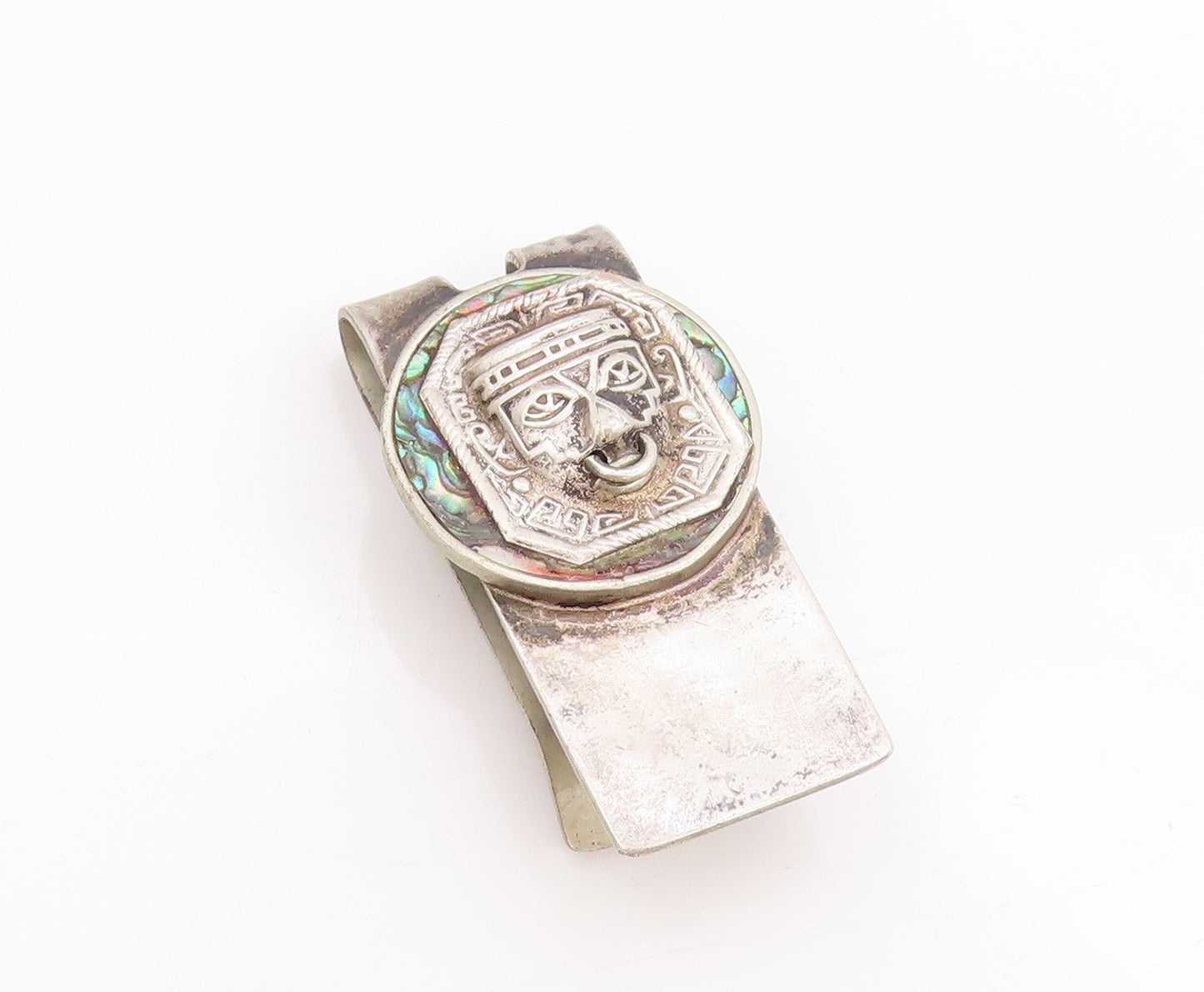 925 Sterling Silver Vintage Money Clip Abalone Inlay Aztec Sun God Motif  TR3970
