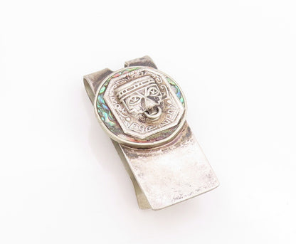 925 Sterling Silver Vintage Money Clip Abalone Inlay Aztec Sun God Motif  TR3970
