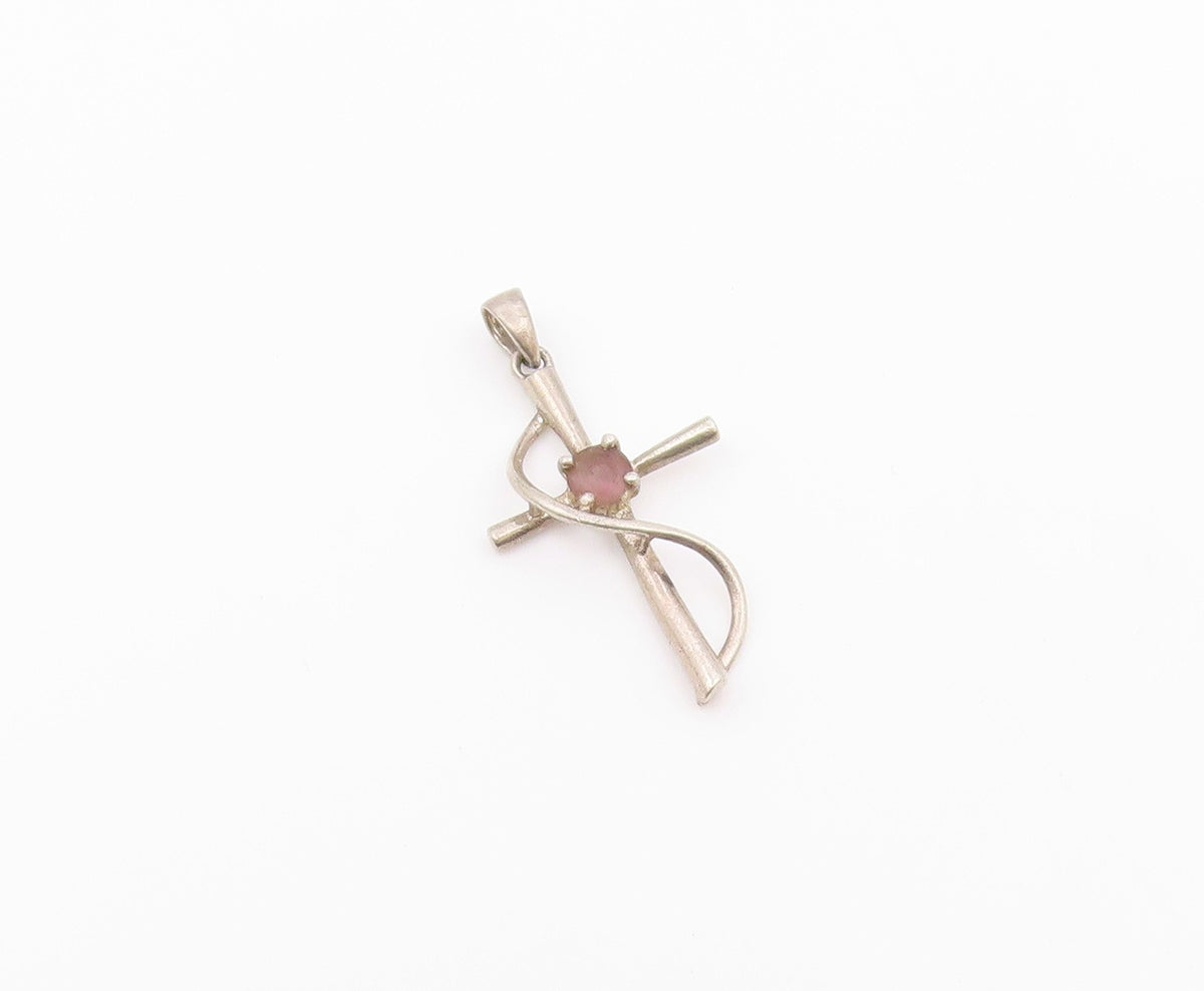 925 Sterling Silver  Vintage Amethyst Religious Cross Petite Pendant  PT17990