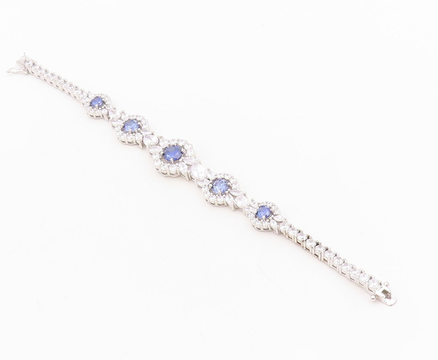 925 Sterling Silver Vintage Bracelet Cutout Floral Inlay Blue & White CZ BT10740