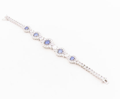 925 Sterling Silver Vintage Bracelet Cutout Floral Inlay Blue & White CZ BT10740