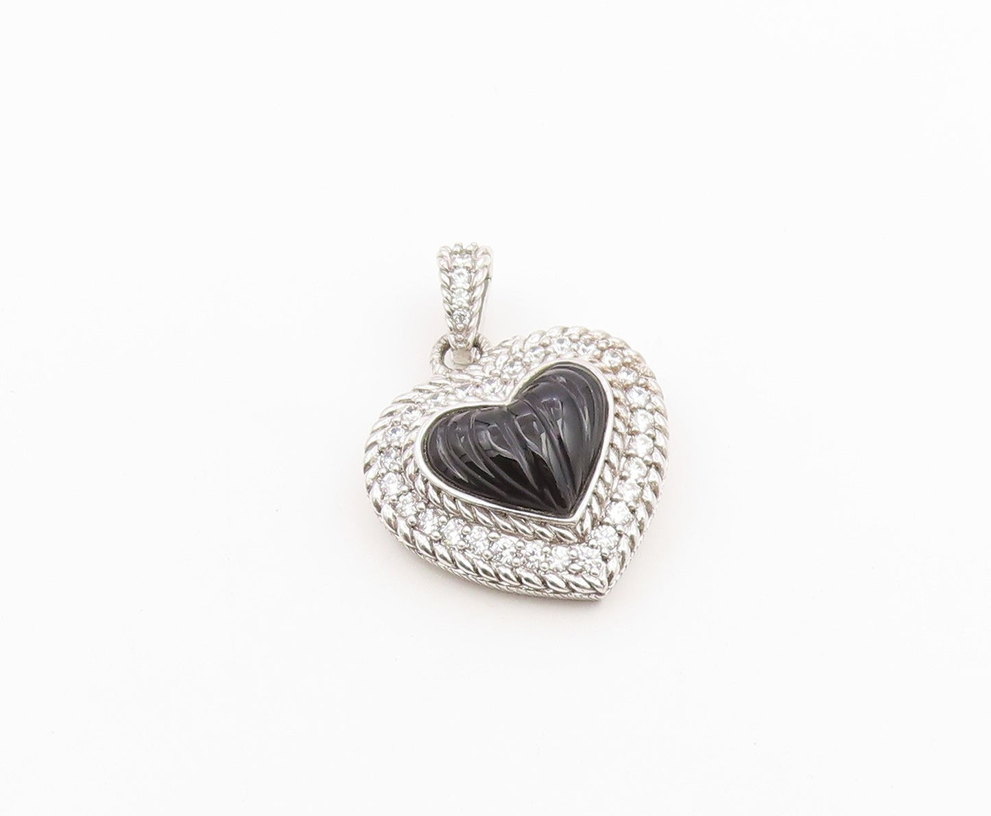 925 Sterling Silver Vintage Pendant JUDITH RIPKA Onyx & CZ Love Heart  PT26408