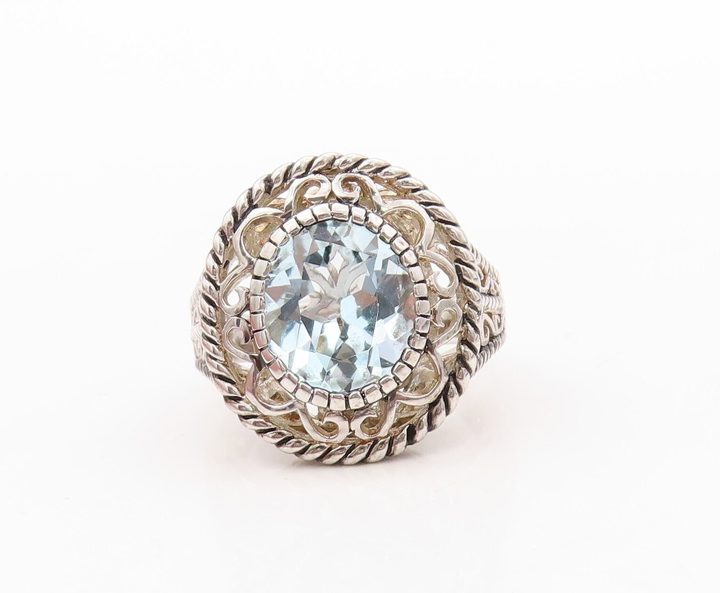 925 Sterling Silver Vintage Ring Swirly Floral Cutout Blue Topaz  Sz 7  RG30927