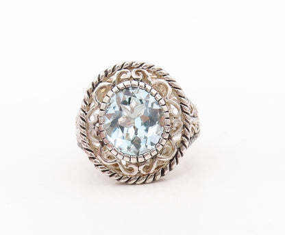 925 Sterling Silver Vintage Ring Swirly Floral Cutout Blue Topaz  Sz 7  RG30927