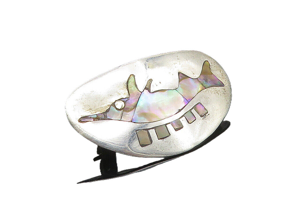 MEXICO 925 Sterling Silver  Vintage Abalone Dolphin Fish Brooch Pin  BP3842