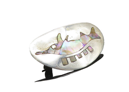 MEXICO 925 Sterling Silver  Vintage Abalone Dolphin Fish Brooch Pin  BP3842