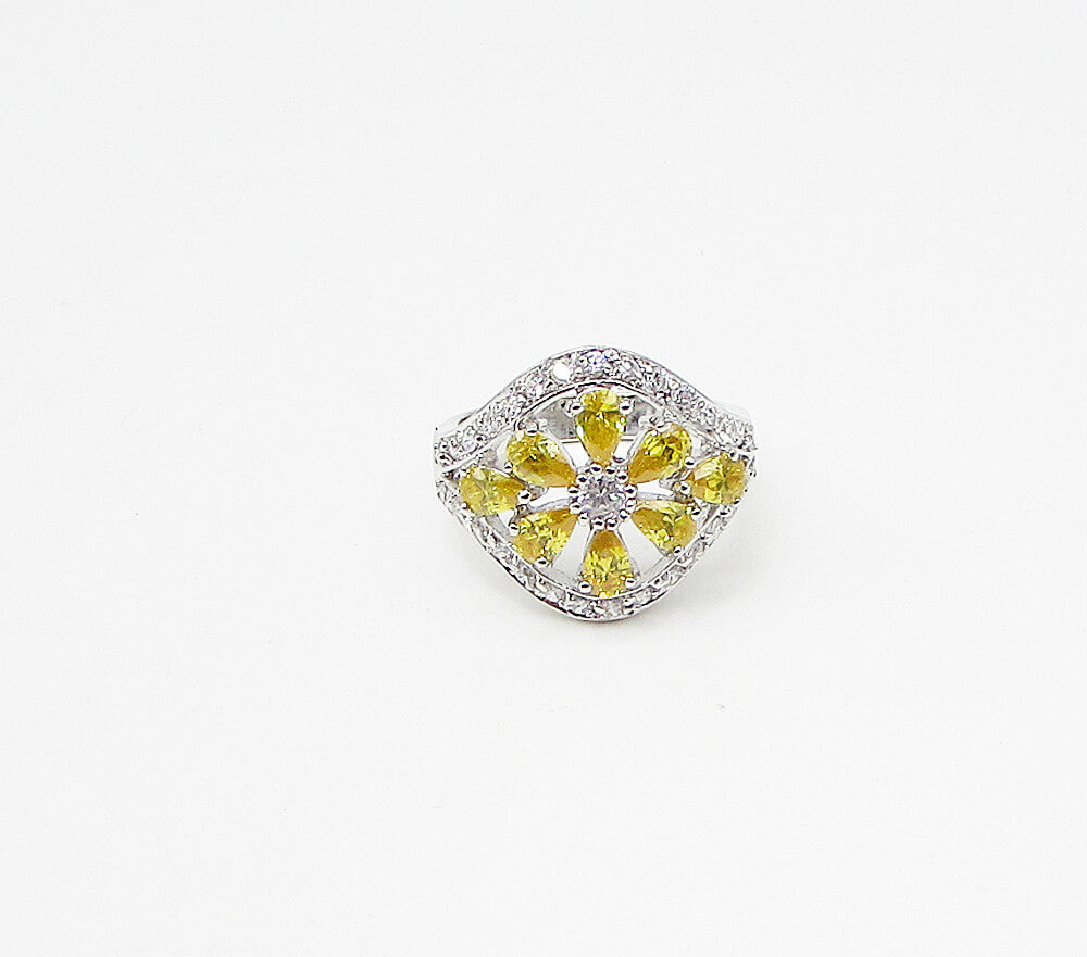 925 Silver  Yellow Topaz & White Cubic Zirconia Floral  Band Ring Sz 7  RG3420