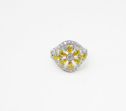 925 Silver  Yellow Topaz & White Cubic Zirconia Floral  Band Ring Sz 7  RG3420