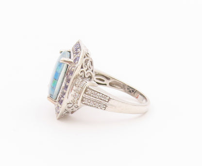 925 Sterling Silver Vintage Ring D'JOY Opal & Tanzanite Band  Sz 10  RG36433