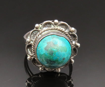 925 Sterling Silver Vintage Cabochon Cut Chrysocolla Flower Ring Sz 8 RG24730