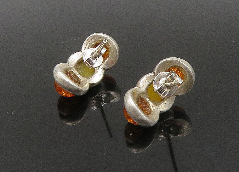 925 Sterling Silver  Vintage Cabochon Cut Amber Curve Drop Earrings  EG11194