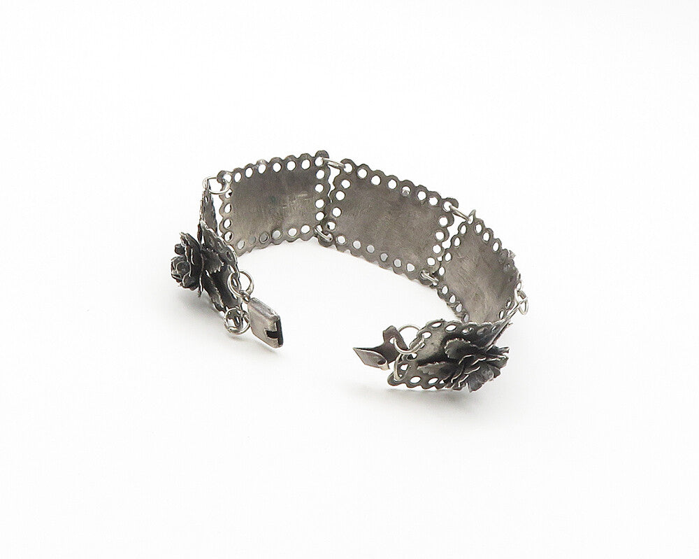 925 Sterling Silver  Vintage Hand Made Oxidized Rose Chain Bracelet  BT6807
