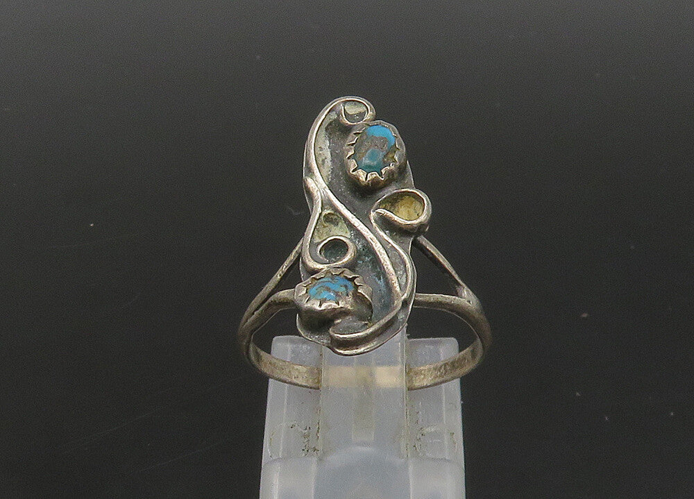 NAVAJO  925 Silver   Vintage Petite Turquoise Swirl Band Ring Sz 6.5  RG23173