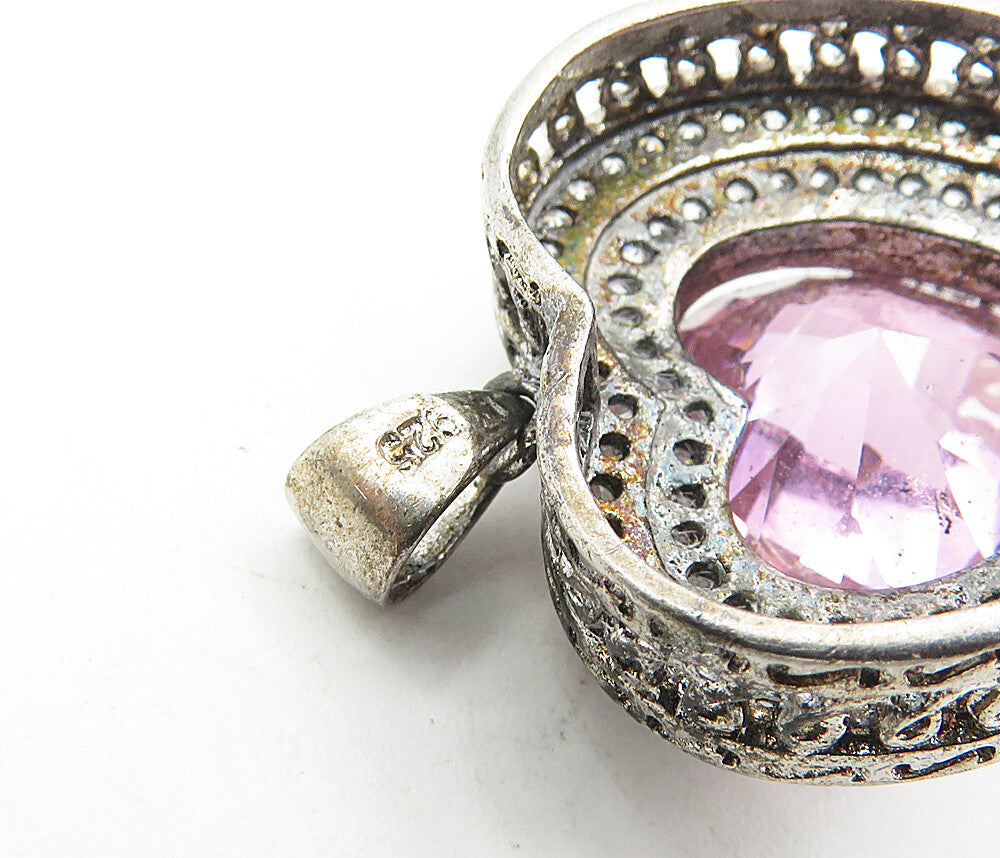 925 Sterling Silver  Vintage Pink & White Cubic Zirconia Heart Pendant  PT6614