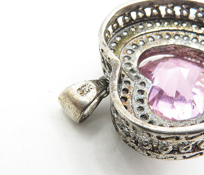 925 Sterling Silver  Vintage Pink & White Cubic Zirconia Heart Pendant  PT6614