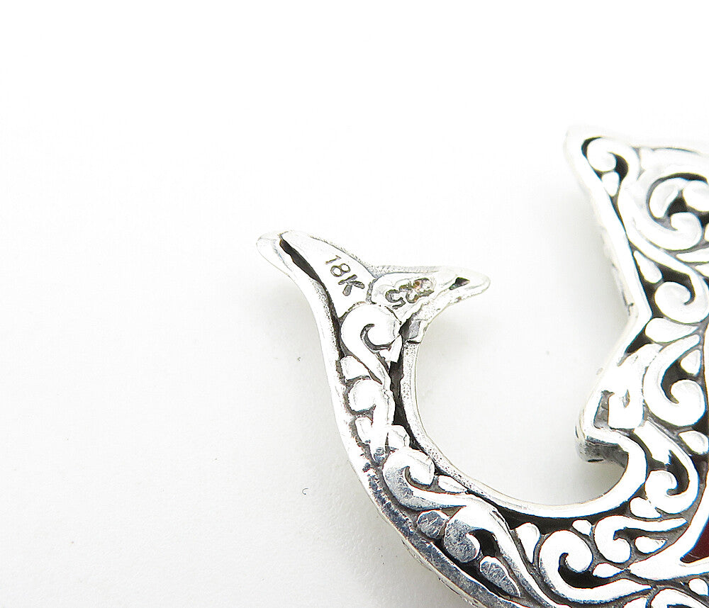 925 Sterling Silver & 18K GOLD  Red Coral Shiny Dolphin Motif Pendant  PT5840