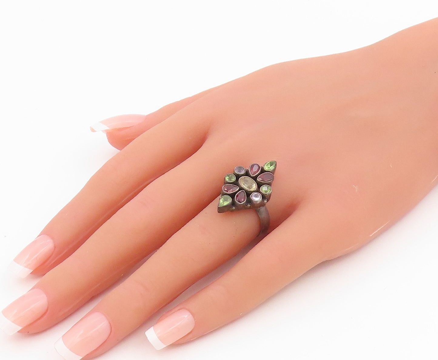 925 Sterling Silver Vintage Ring Elegant Multi Gemstone Cluster  Sz 7.5  RG35430