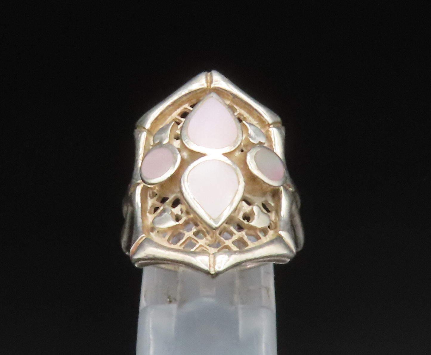 925 Sterling Silver  Vintage Mother Of Pearl Open Fence Ring Sz 6.5  RG25215