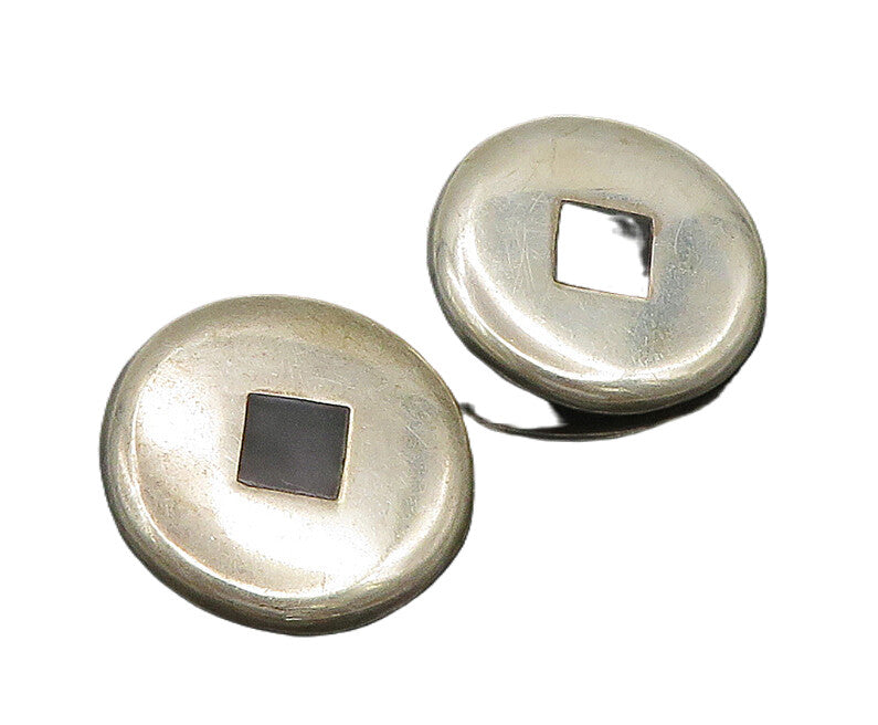 MEXICO 925 Silver  Vintage Inlay Black Onyx Non Pierce Earrings  EG11618