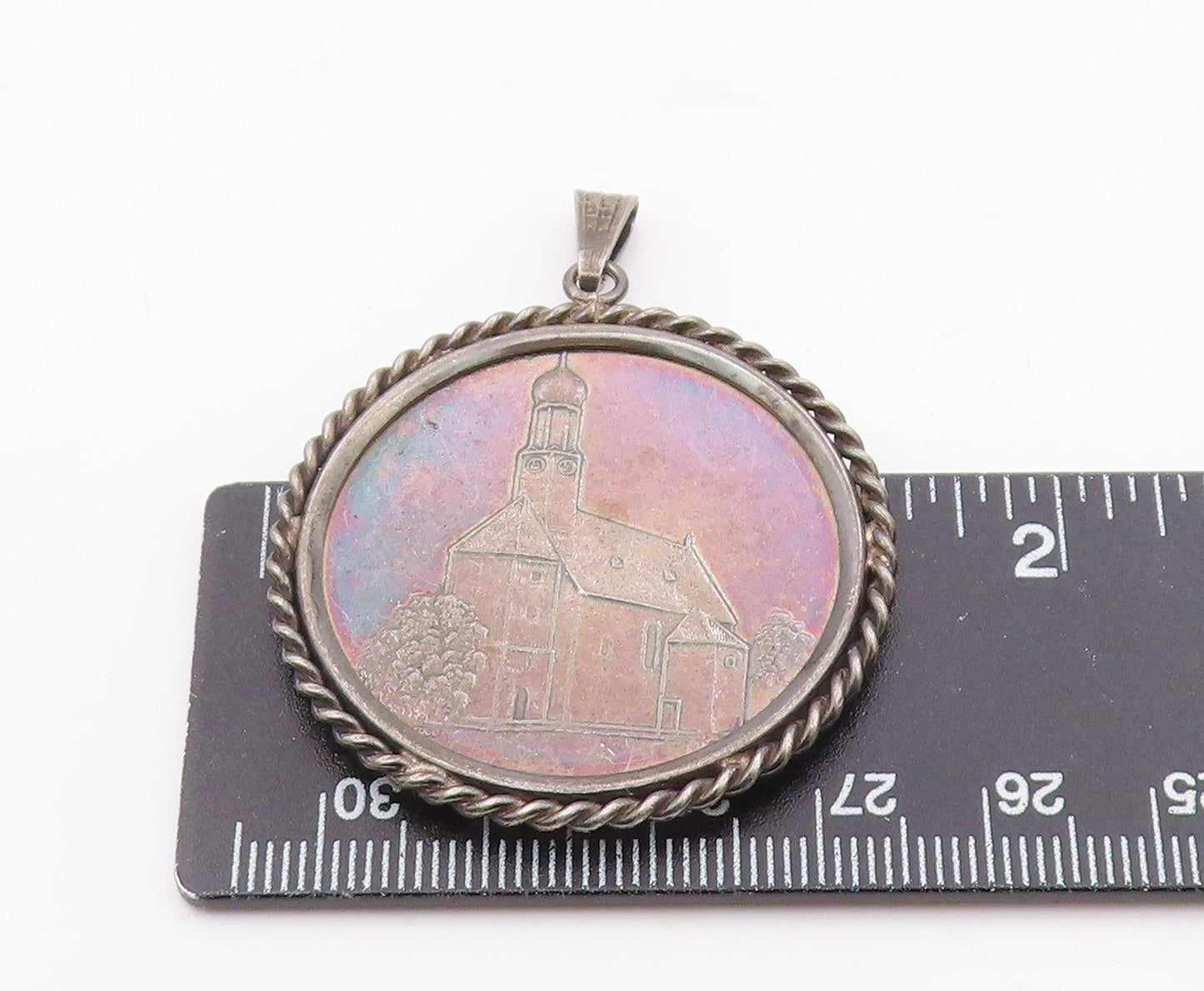 925 Sterling Silver Vintage Pendant Dark Tone Carved Schaftiach  PT23682