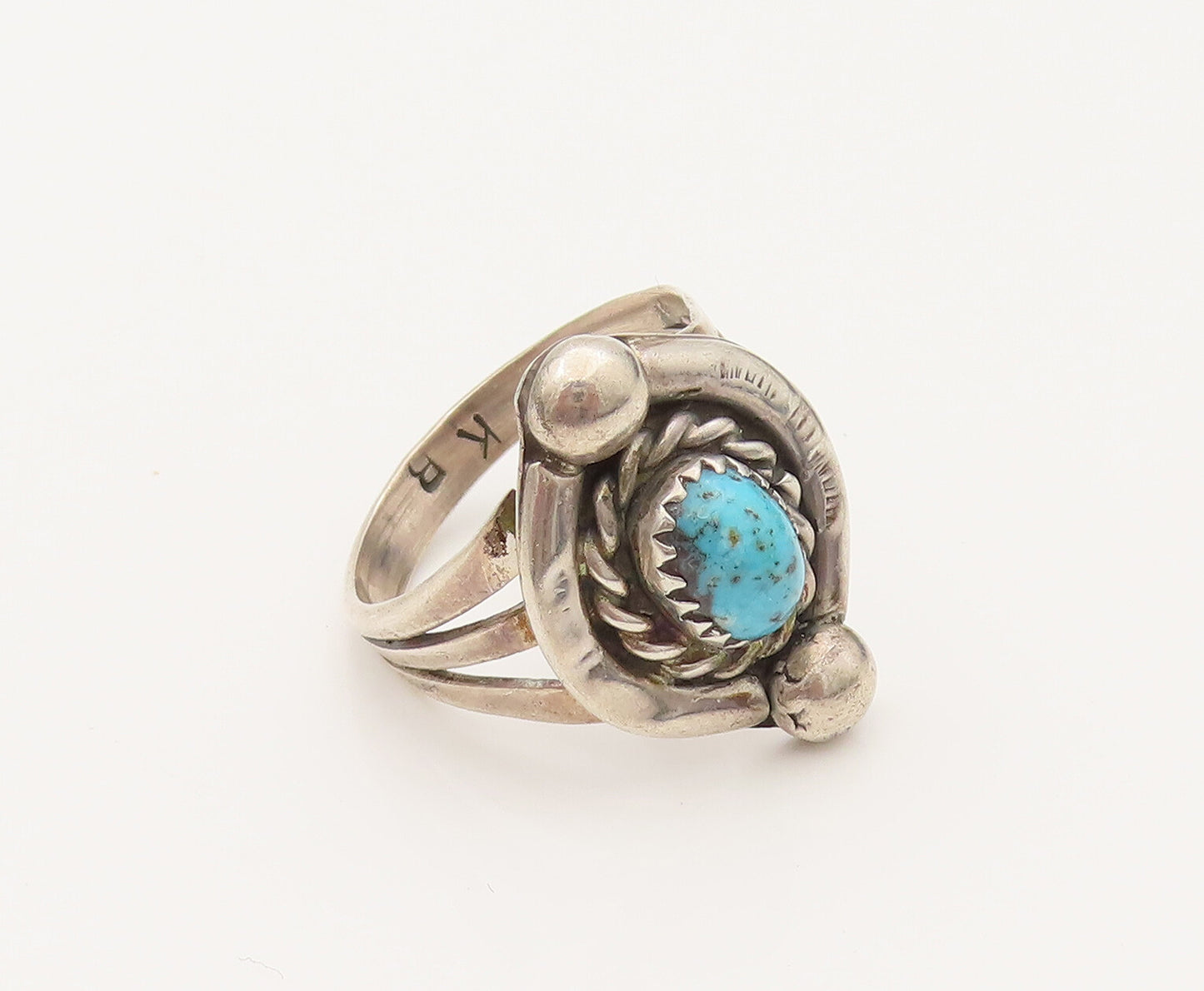NAVAJO 925 Sterling Silver Vintage Rope Border Turquoise Ring Sz 7.75 RG26508