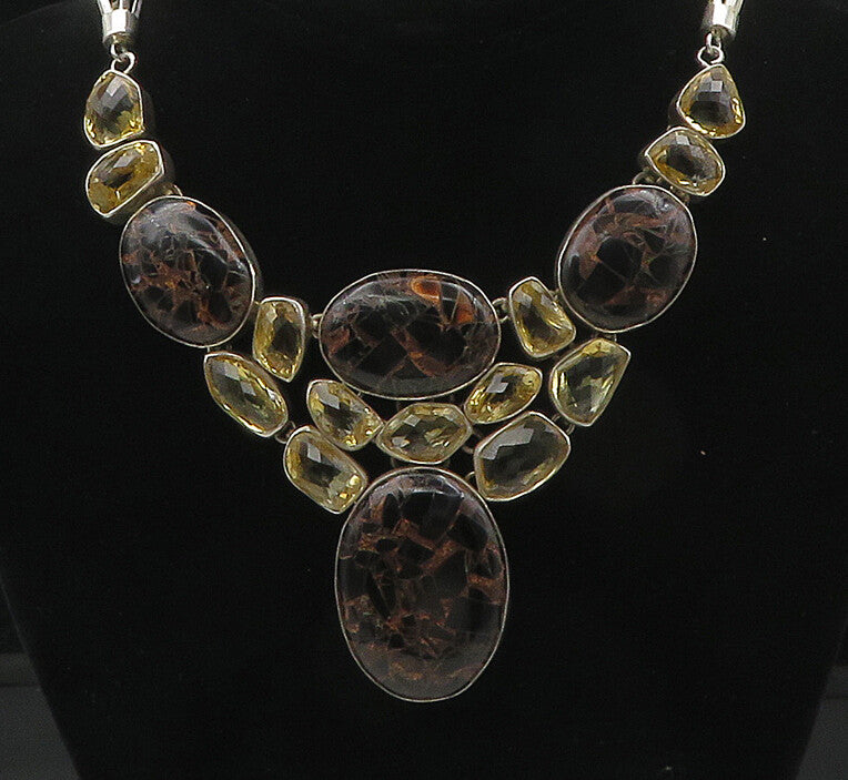 925 Sterling Silver  Vintage Multi Shaped Real Gemstone Chain Necklace  NE2968