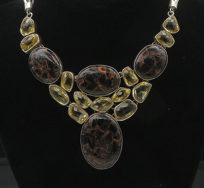 925 Sterling Silver  Vintage Multi Shaped Real Gemstone Chain Necklace  NE2968