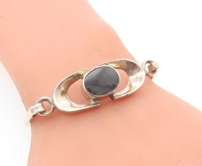 MEXICO 925 Sterling Silver  Vintage Black Onyx Hook Bangle Bracelet  BT2754