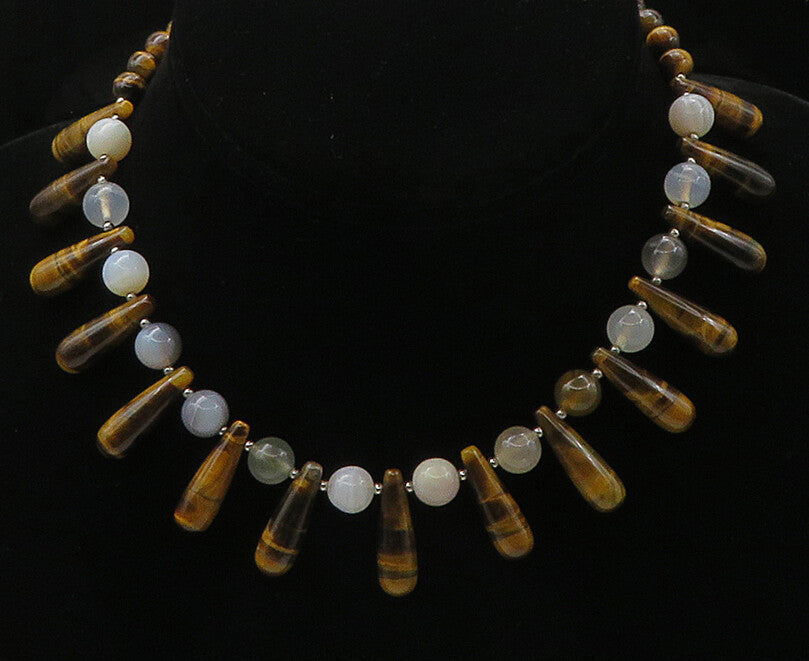 925 Sterling Silver  Vintage Agate & Tiger's Eye Beaded Chain Necklace  NE3594