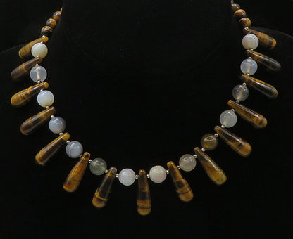 925 Sterling Silver  Vintage Agate & Tiger's Eye Beaded Chain Necklace  NE3594