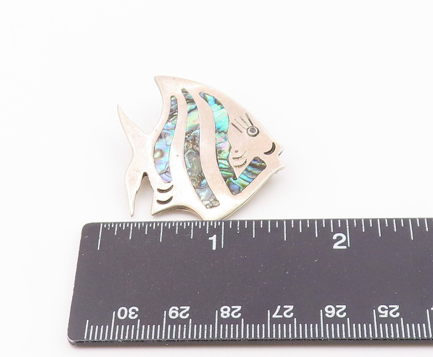 MEXICO 925 Silver  Vintage Abalone Shell Striped Fish Brooch Pin  BP7791