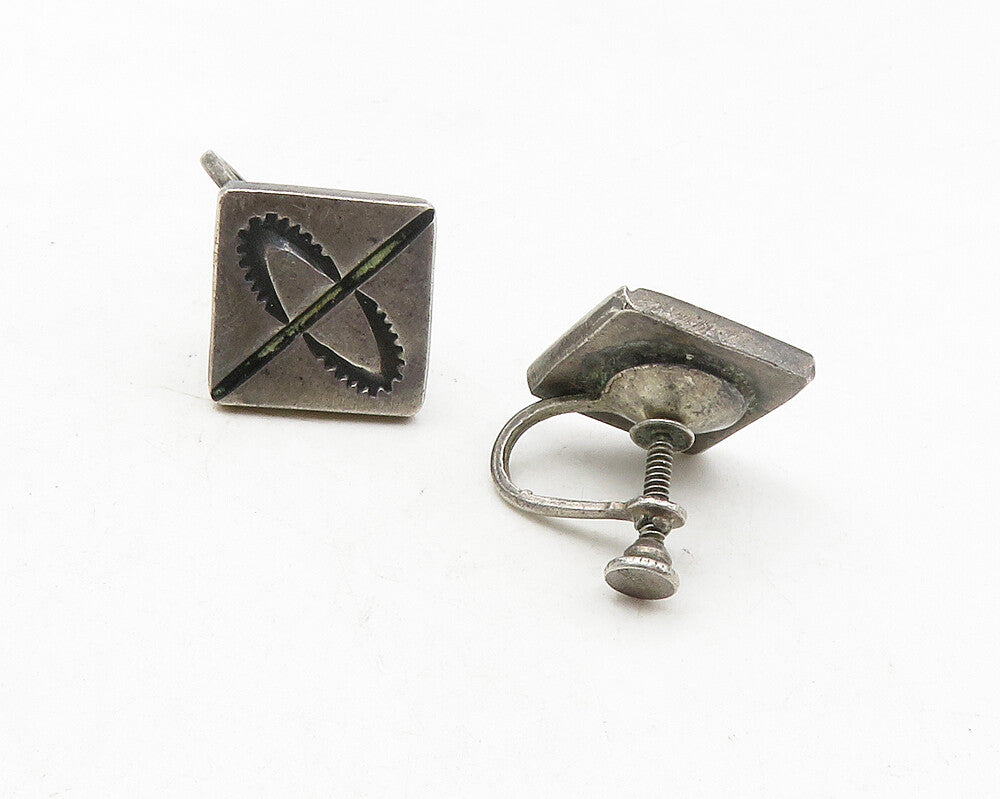925 Sterling Silver  Vintage Oxidized Design Square Non Pierce Earrings  EG5197