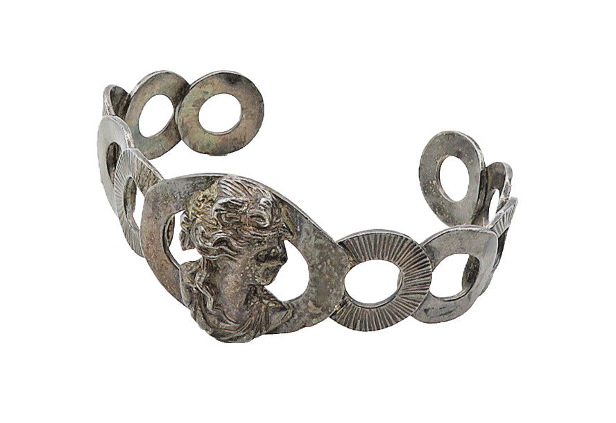 925 Sterling Silver  Vintage Antique Oxidized Woman Face Cuff Bracelet  BT4044