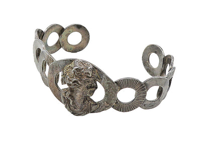 925 Sterling Silver  Vintage Antique Oxidized Woman Face Cuff Bracelet  BT4044