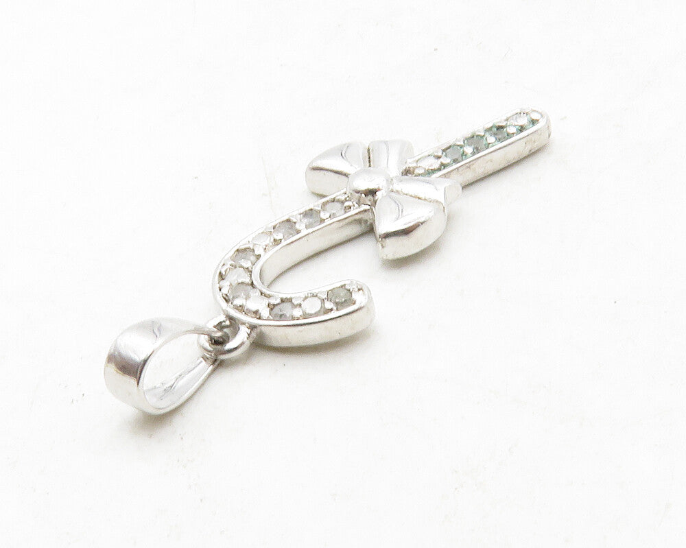 925 Sterling Silver Shiny Genuine Diamonds Candy Cane Bow Pendant  PT10441