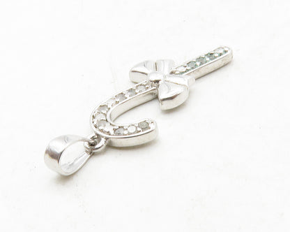 925 Sterling Silver Shiny Genuine Diamonds Candy Cane Bow Pendant  PT10441